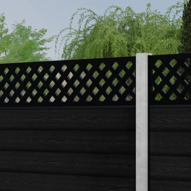 LuxeLine® Classic Straight Top Lattice Design Screen with Black Composite Fence Panels & Concrete Post