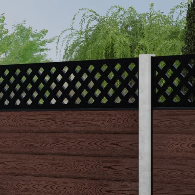 LuxeLine® Classic Straight Top Lattice Design Screen with Walnut Composite Fence Panels & Concrete Post