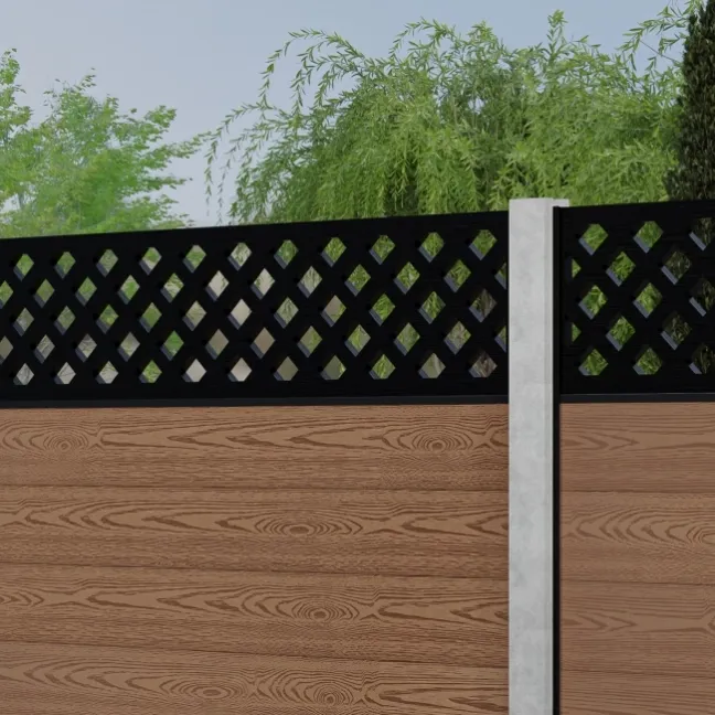 LuxeLine® Classic Straight Top Lattice Design Screen with Teak Composite Fence Panels & Concrete Post