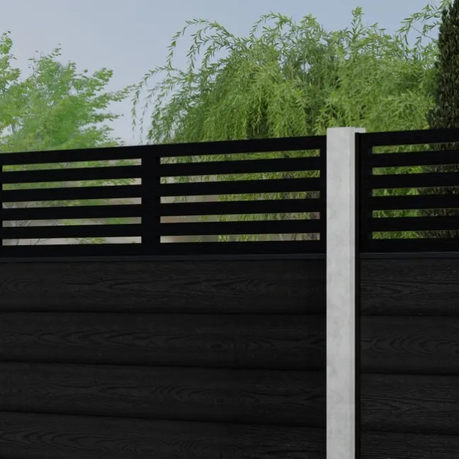 LuxeLine® Classic Straight Top Slat Design Screen with Black Composite Fence Panels & Concrete Post