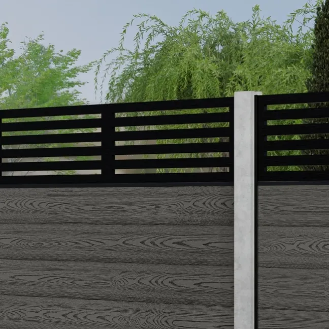 LuxeLine® Classic Straight Top Slat Design Screen with Light Grey Composite Fence Panels & Concrete Post