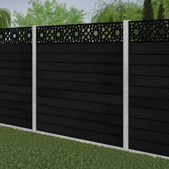 LuxeLine® Classic Straight Top Moroccan Design Screen with Black Composite Fence Panels & Concrete Post