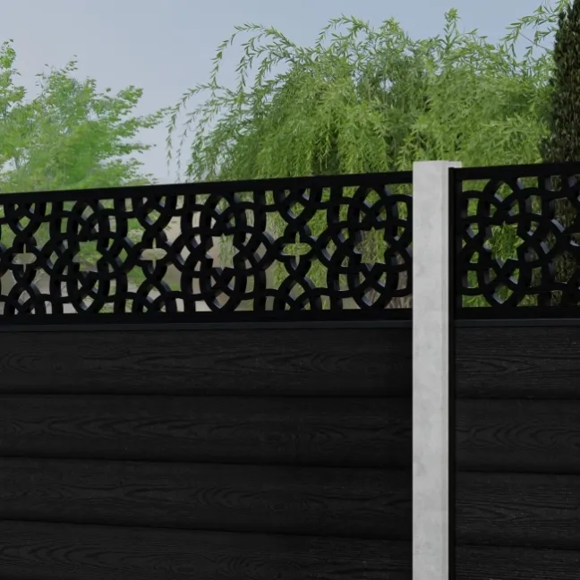 LuxeLine® Classic Straight Top Moroccan Design Screen with Black Composite Fence Panels & Concrete Post