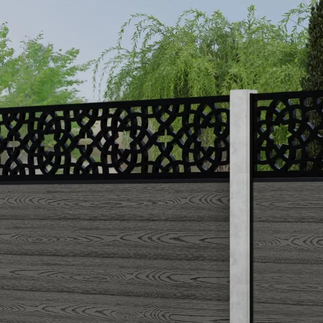 LuxeLine® Classic Straight Top Moroccan Design Screen with Light Grey Composite Fence Panels & Concrete Post