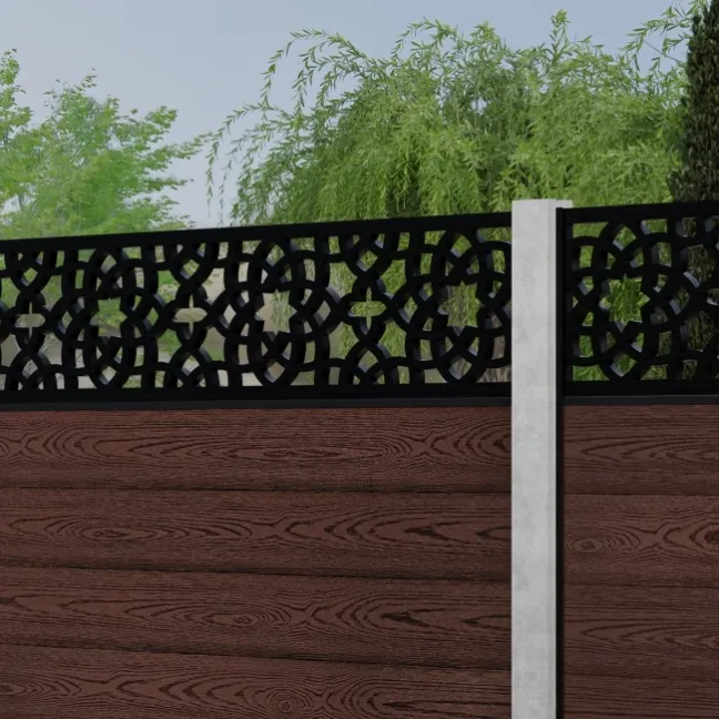 LuxeLine® Classic Straight Top Moroccan Design Screen with Walnut Composite Fence Panels & Concrete Post