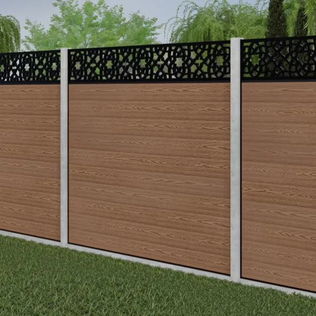 LuxeLine® Classic Straight Top Moroccan Design Screen with Teak Composite Fence Panels & Concrete Post