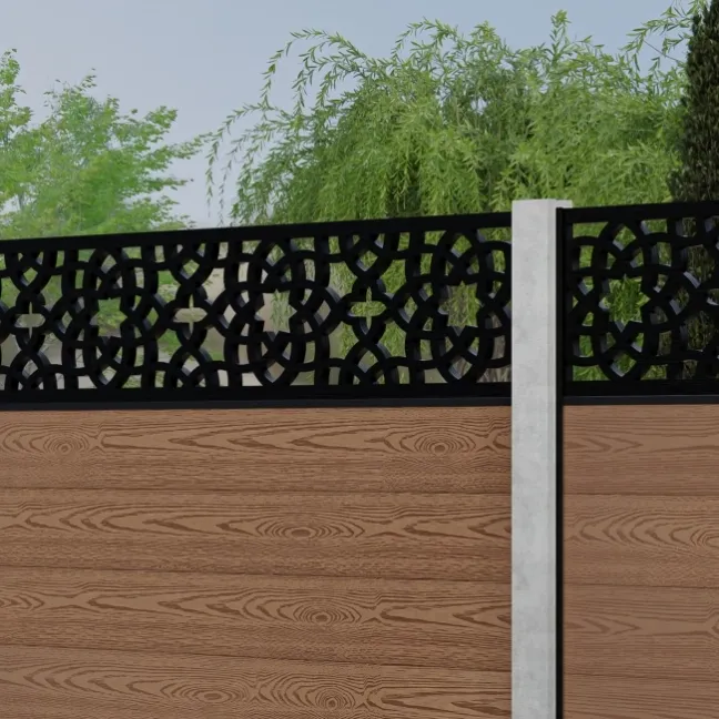 LuxeLine® Classic Straight Top Moroccan Design Screen with Teak Composite Fence Panels & Concrete Post