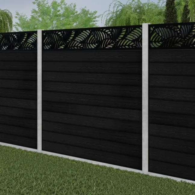 LuxeLine® Classic Straight Top Jungle Design Screen with Black Composite Fence Panels & Concrete Post