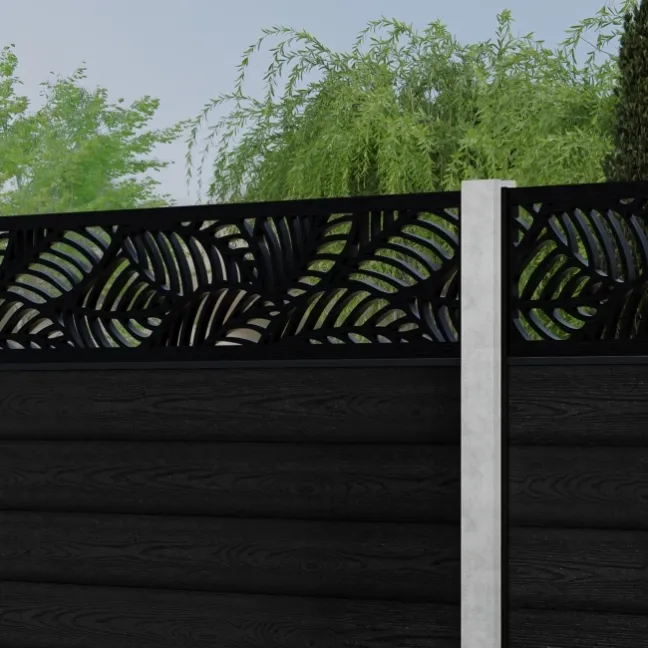 LuxeLine® Classic Straight Top Jungle Design Screen with Black Composite Fence Panels & Concrete Post