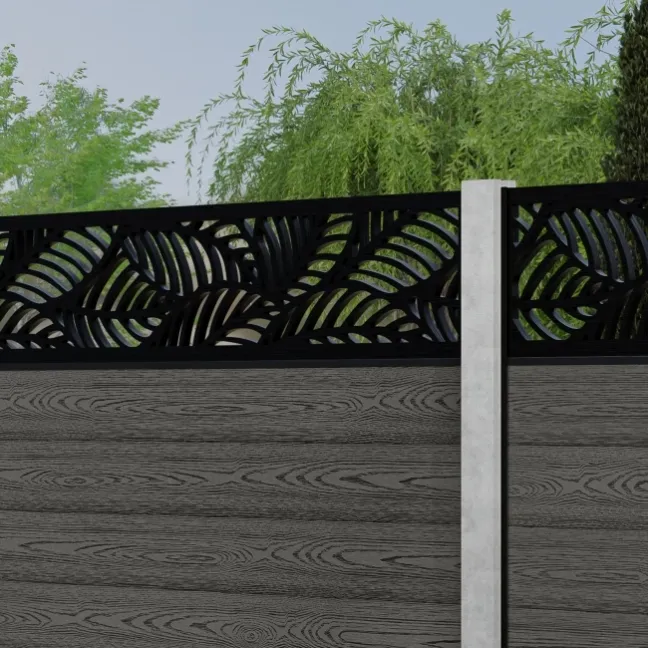LuxeLine® Classic Straight Top Jungle Design Screen with Light Grey Composite Fence Panels & Concrete Post