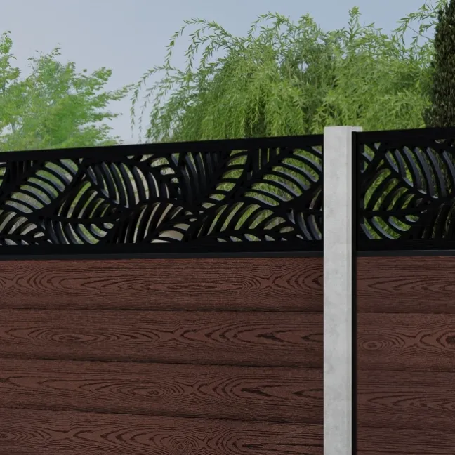 LuxeLine® Classic Straight Top Jungle Design Screen with Walnut Composite Fence Panels & Concrete Post