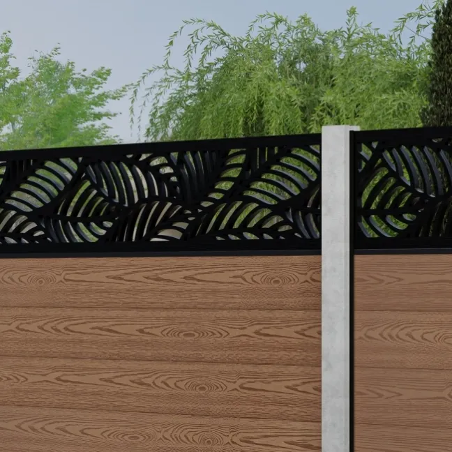 LuxeLine® Classic Straight Top Jungle Design Screen with Teak Composite Fence Panels & Concrete Post