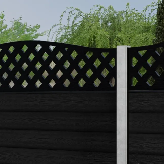 LuxeLine® Classic Curve Top Lattice Design Screen with Black Composite Fence Panels & Concrete Post
