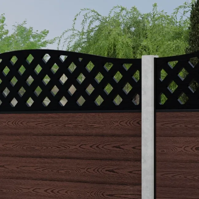 LuxeLine® Classic Curve Top Lattice Design Screen with Walnut Composite Fence Panels & Concrete Post