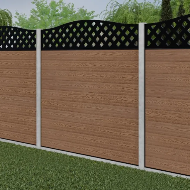 LuxeLine® Classic Curve Top Lattice Design Screen with Teak Composite Fence Panels & Concrete Post