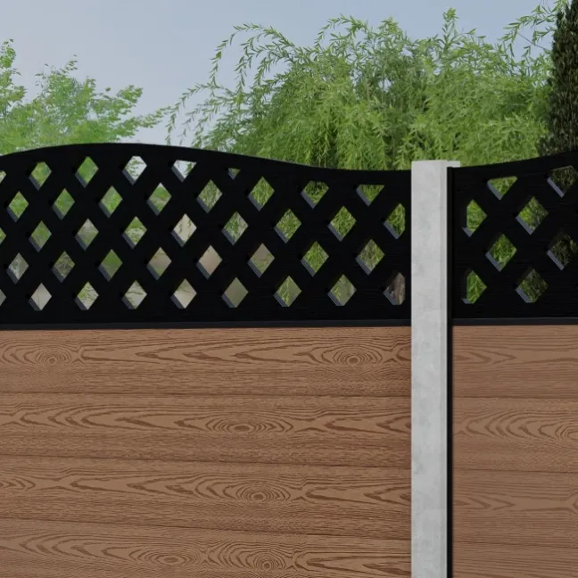 LuxeLine® Classic Curve Top Lattice Design Screen with Teak Composite Fence Panels & Concrete Post