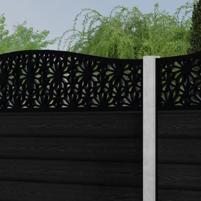 LuxeLine® Classic Curve Top Floral Design Screen with Black Composite Fence Panels & Concrete Post