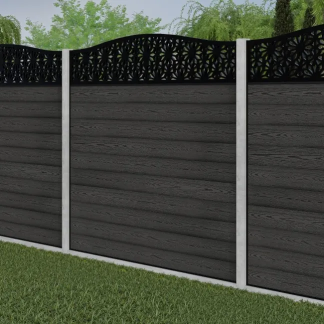 LuxeLine® Classic Curve Top Floral Design Screen with Dark Grey Composite Fence Panels & Concrete Post