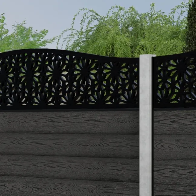 LuxeLine® Classic Curve Top Floral Design Screen with Dark Grey Composite Fence Panels & Concrete Post