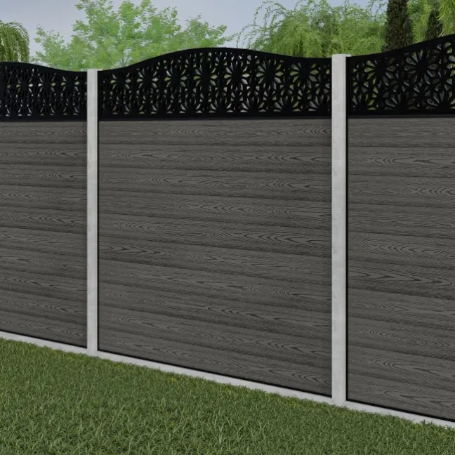 LuxeLine® Classic Curve Top Floral Design Screen with Light Grey Composite Fence Panels & Concrete Post