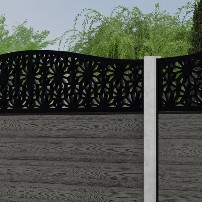 LuxeLine® Classic Curve Top Floral Design Screen with Light Grey Composite Fence Panels & Concrete Post