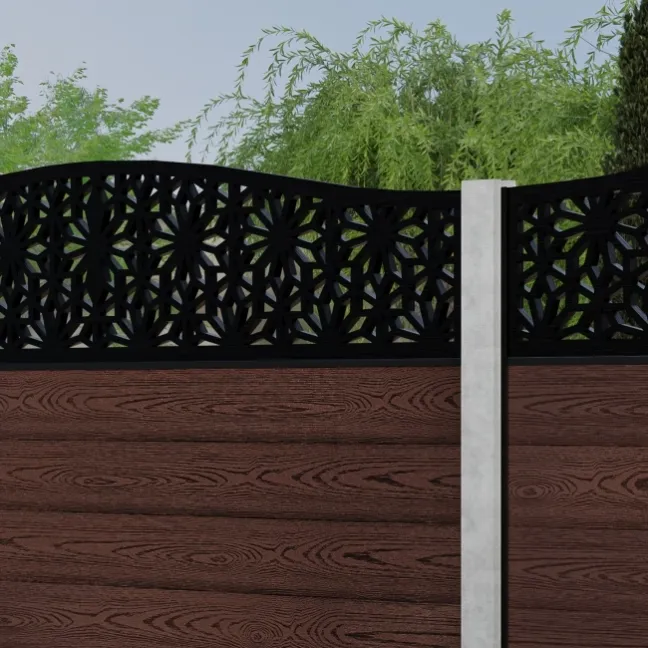 LuxeLine® Classic Curve Top Floral Design Screen with Walnut Composite Fence Panels & Concrete Post