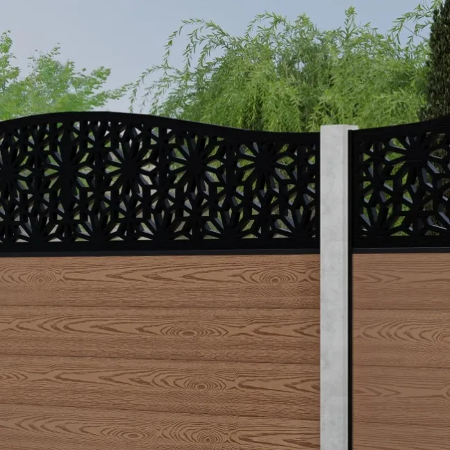 LuxeLine® Classic Curve Top Floral Design Screen with Teak Composite Fence Panels & Concrete Post