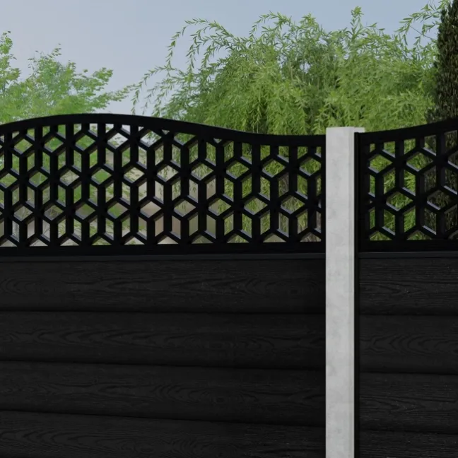 LuxeLine® Classic Curve Top Geometric Design Screen with Black Composite Fence Panels & Concrete Post