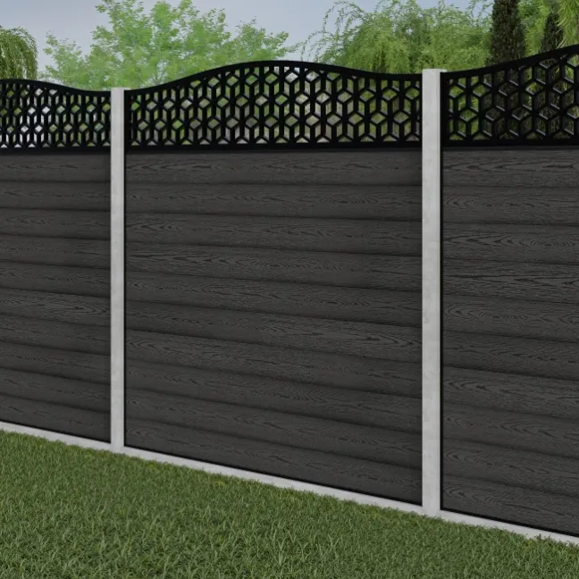 LuxeLine® Classic Curve Top Geometric Design Screen with Dark Grey Composite Fence Panels & Concrete Post