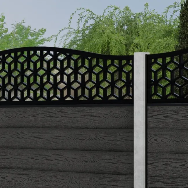 LuxeLine® Classic Curve Top Geometric Design Screen with Dark Grey Composite Fence Panels & Concrete Post