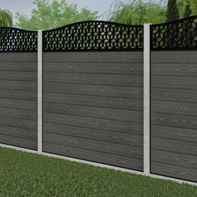 LuxeLine® Classic Curve Top Geometric Design Screen with Light Grey Composite Fence Panels & Concrete Post
