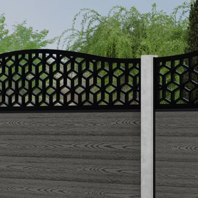 LuxeLine® Classic Curve Top Geometric Design Screen with Light Grey Composite Fence Panels & Concrete Post