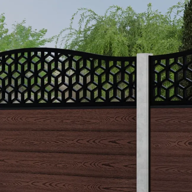 LuxeLine® Classic Curve Top Geometric Design Screen with Walnut Composite Fence Panels & Concrete Post