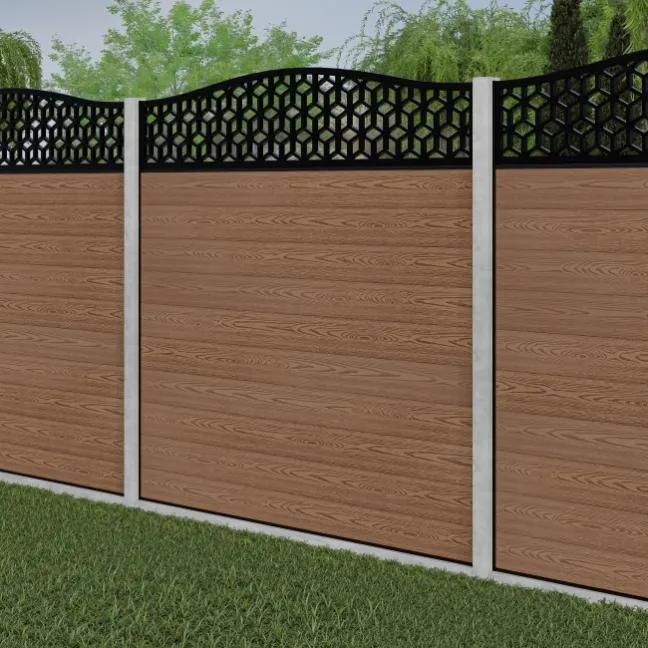 LuxeLine® Classic Curve Top Geometric Design Screen with Teak Composite Fence Panels & Concrete Post