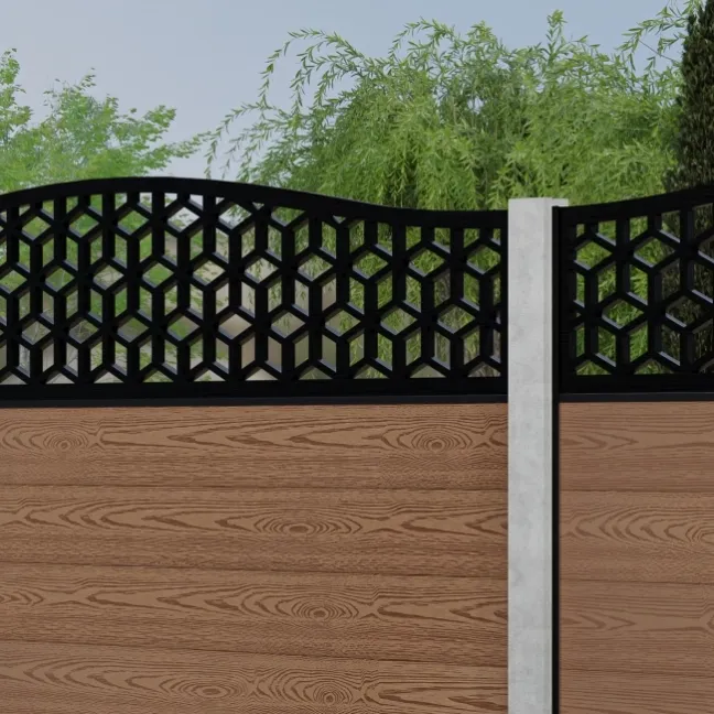 LuxeLine® Classic Curve Top Geometric Design Screen with Teak Composite Fence Panels & Concrete Post