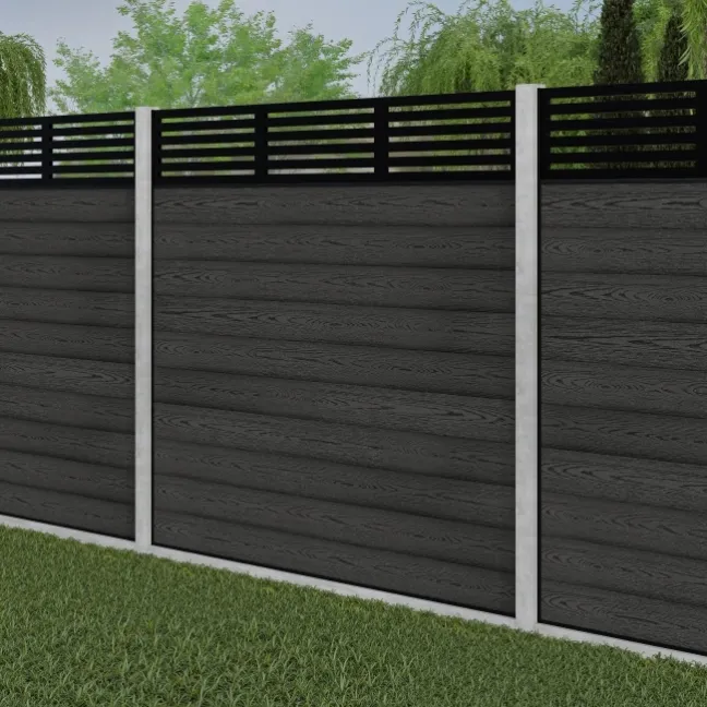 LuxeLine® Classic Straight Top Slat Design Screen with Dark Grey Composite Fence Panels & Concrete Post