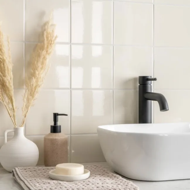 Monocolour Rico Cream Gloss Flat Square Wall Tiles 150x150