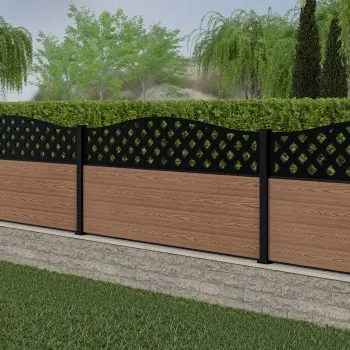 LuxeLine® Classic Curve Top Lattice Design Screen with Teak Composite Fence Panels & Aluminium Post 90cm