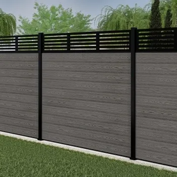 LuxeLine® Classic Straight Top Slat Design Screen with Light Grey Composite Fence Panels & Aluminium Post 180cm