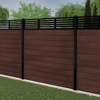 LuxeLine® Classic Straight Top Slat Design Screen with Walnut Composite Fence Panels & Aluminium Post 180cm
