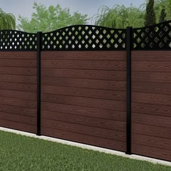 LuxeLine® Classic Curve Top Lattice Design Screen with Walnut Composite Fence Panels & Aluminium Post 180cm