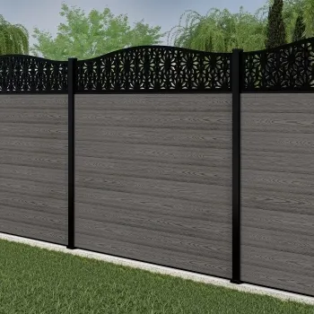 LuxeLine® Classic Curve Top Floral Design Screen with Light Grey Composite Fence Panels & Aluminium Post 180cm