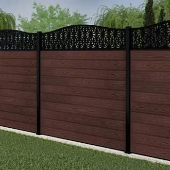 LuxeLine® Classic Curve Top Floral Design Screen with Walnut Composite Fence Panels & Aluminium Post 180cm