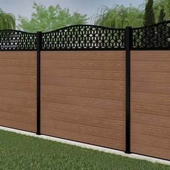 LuxeLine® Classic Curve Top Geometric Design Screen with Teak Composite Fence Panels & Aluminium Post 180cm