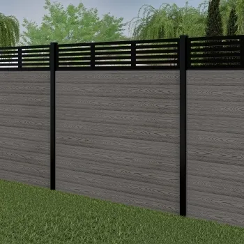 LuxeLine® Classic Straight Top Slat Design Screen with Light Grey Composite Fence Panels & Buried Aluminium Post 180cm