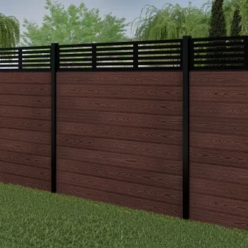 LuxeLine® Classic Straight Top Slat Design Screen with Walnut Composite Fence Panels & Buried Aluminium Post 180cm