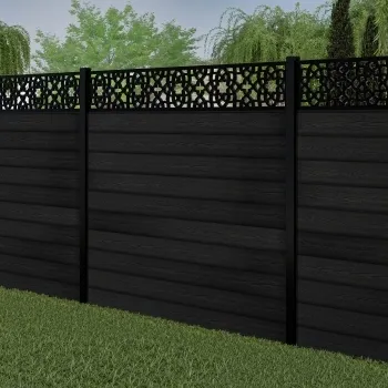 LuxeLine® Classic Straight Top Moroccan Design Screen with Black Composite Fence Panels & Buried Aluminium Post 180cm
