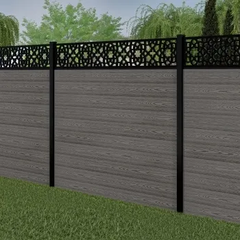 LuxeLine® Classic Straight Top Moroccan Design Screen with Light Grey Composite Fence Panels & Buried Aluminium Post 180cm