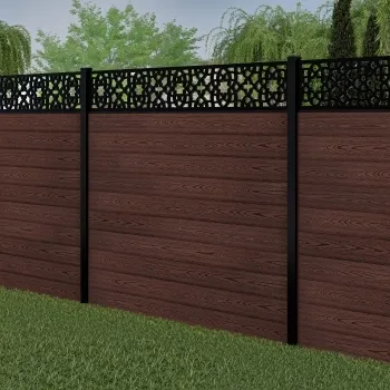 LuxeLine® Classic Straight Top Moroccan Design Screen with Walnut Composite Fence Panels & Buried Aluminium Post 180cm