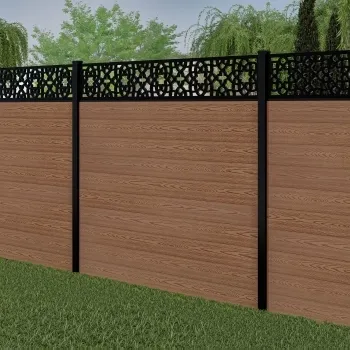 LuxeLine® Classic Straight Top Moroccan Design Screen with Teak Composite Fence Panels & Buried Aluminium Post 180cm